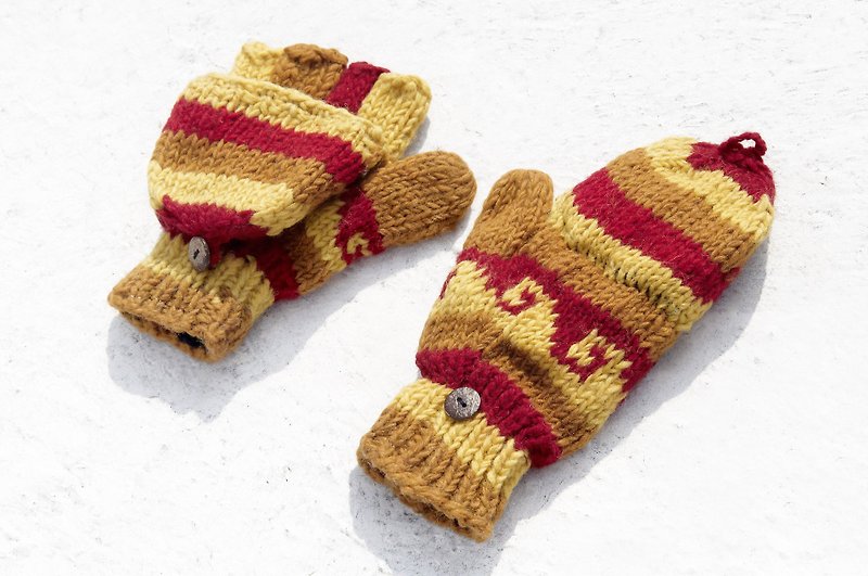 聖誕節禮物 創意禮物 限量一件手織純羊毛針織手套 / 可拆卸手套 / 內刷毛手套 / 保暖手套(made in nepal) - 漫步在夕陽裡的沙漠 民族圖騰 - 手套/手襪 - 羊毛 多色