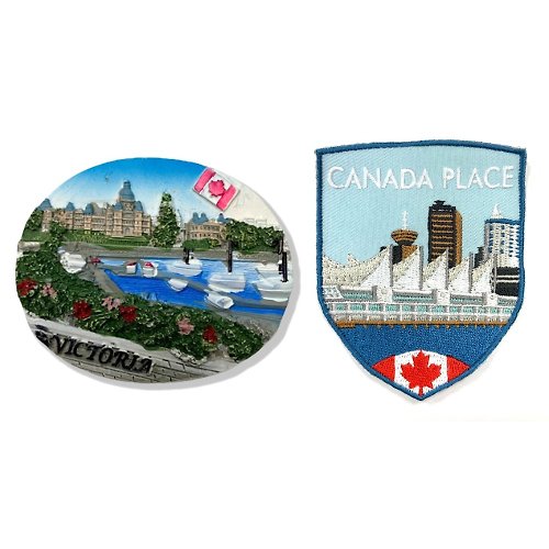 A-ONE 加拿大維多利亞 森林湖3D立體磁鐵+加拿大廣場貼布繡【2件組】冰