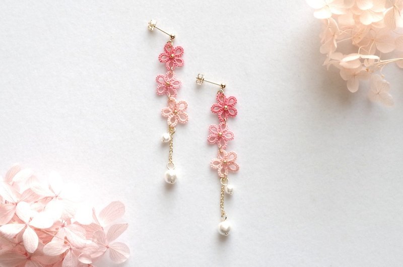 Tatting lace florets and cotton pearl earrings, cherry blossoms - Earrings & Clip-ons - Cotton & Hemp Pink