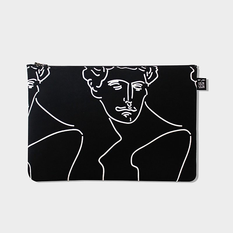 Gypsum portrait canvas zipper large bag - กระเป๋าเครื่องสำอาง - ผ้าฝ้าย/ผ้าลินิน สีดำ