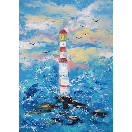 IllaUartGallery Lighthouse Painting Seascape Original Art Beach Wall Art Small Oil Painting