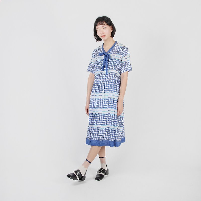 [Egg Plant Vintage] Aqua Girl Printed Cotton Vintage Dress - ชุดเดรส - ผ้าฝ้าย/ผ้าลินิน สีน้ำเงิน
