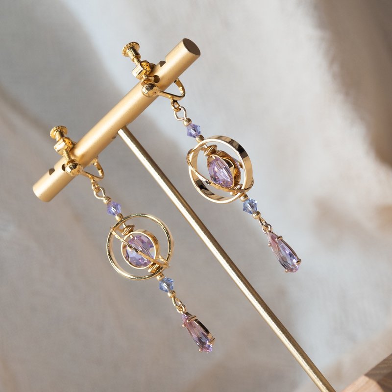 Purple three-dimensional planet concept earrings plated with real gold Clip-On clips and ear pins - ต่างหู - โลหะ สีน้ำเงิน