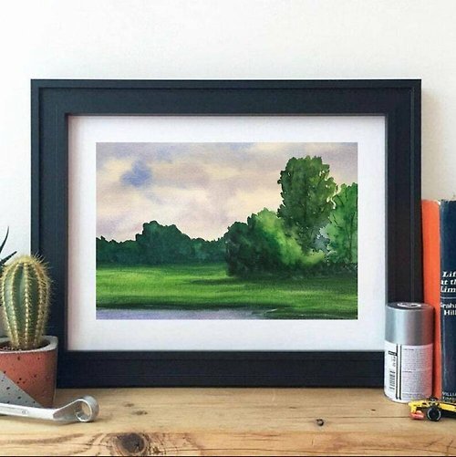 OsipovArtStudio Original Watercolor Landscape River Painting Green Trees Landscape Clouds Art