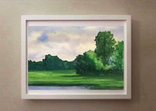 自作水彩画。新緑の川