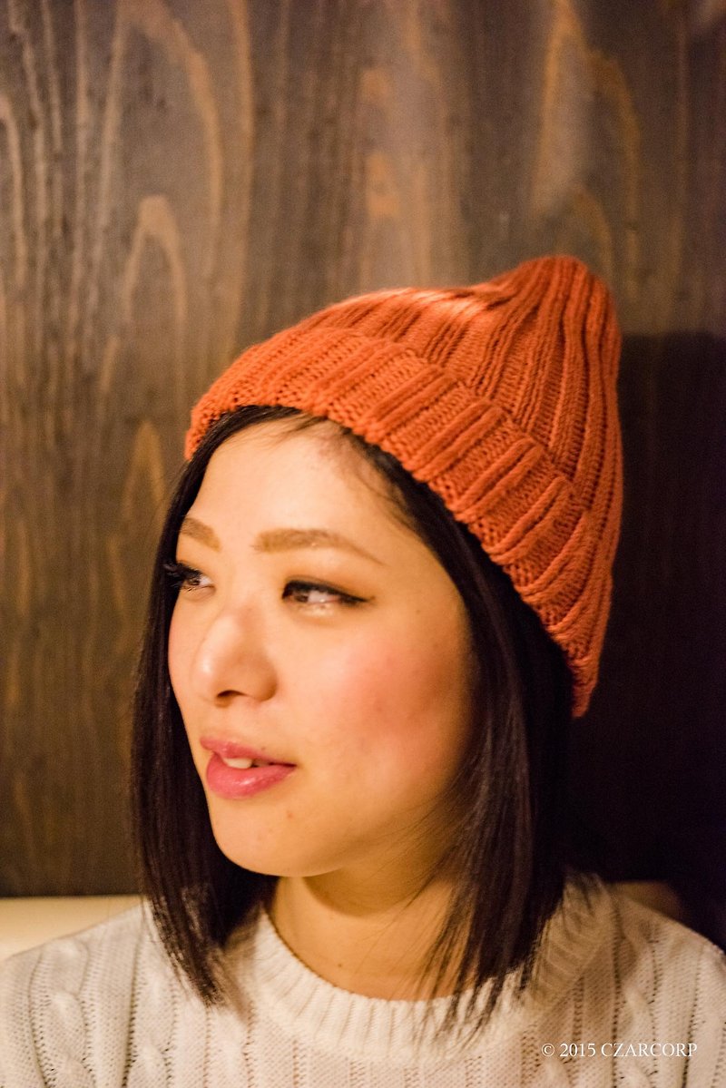 シンプルメリノウール１００％リブ編み帽子 - ニット・セーター - その他の素材 オレンジ