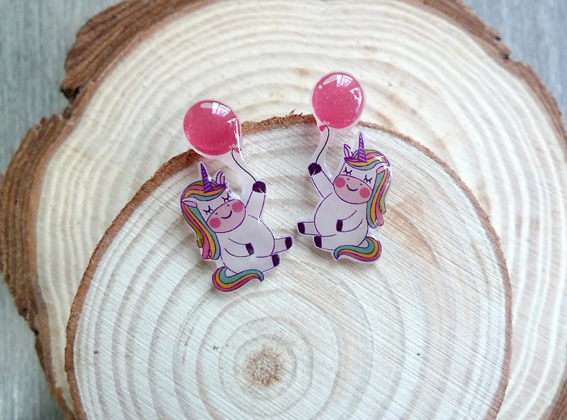 Misssheep- [balloon unicorn] watercolor hand-painted style unicorn hand earrings (ear needle / adjustable ear clip) [a pair] - ต่างหู - พลาสติก 