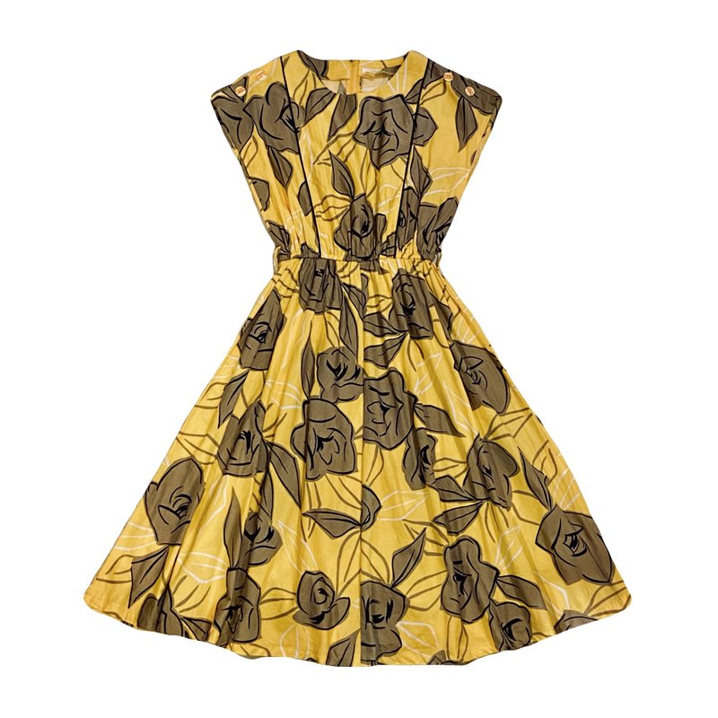 vintage japanese yellow rose dress - ชุดเดรส - ผ้าฝ้าย/ผ้าลินิน หลากหลายสี