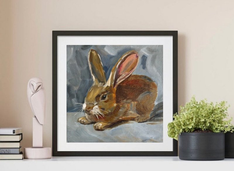Cute Rabbit original oil painting animal portrait wall art 6x6 inches handmade - 壁貼/牆壁裝飾 - 其他材質 卡其色