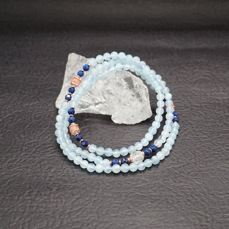 Zen | 108 Rosary Beads Aquamarine Sunstone Stone Lazuli White Crystal (Six-Word Mantra) - สร้อยข้อมือ - คริสตัล 