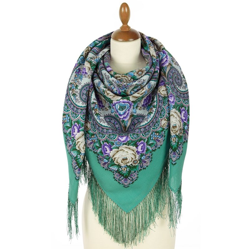 Pavlovo Posad Russian Shawl 100% Wool Scarf 125x125 cm Wrap Silk Fringe 2025-9 - 絲巾 - 羊毛 綠色