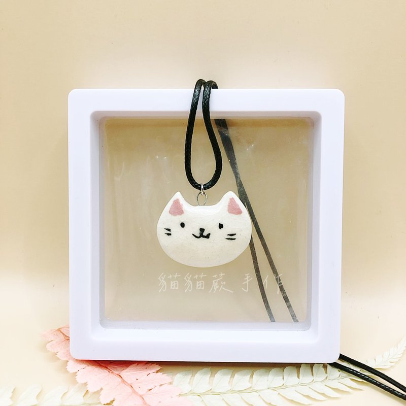 Little white cat handmade porcelain necklace handmade necklace cat necklace hand-kneaded pottery unique exchange gift - Necklaces - Pottery 