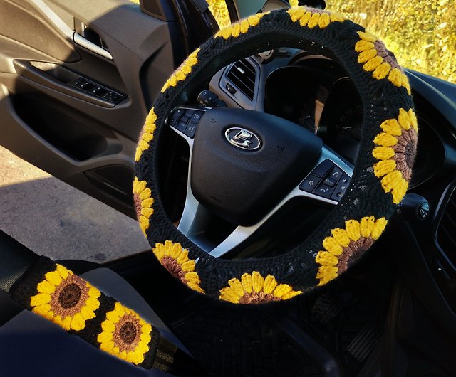YDM Car Steering Wheel Cover,Crochet Steering Wheel Cover,Sunflower Crochet Steering Wheel Cover (Steering Wheel Cover+2 Belt Cover)