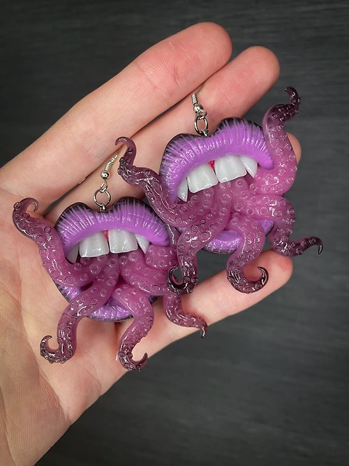 Polymer Diary Earrings. Purple lips with tentacles.