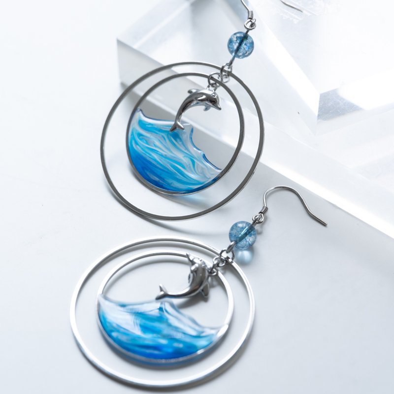 海洋系列 | 海洋大圈耳環 925銀針 可改耳夾 - 耳環/耳夾/耳骨夾 - 樹脂 藍色