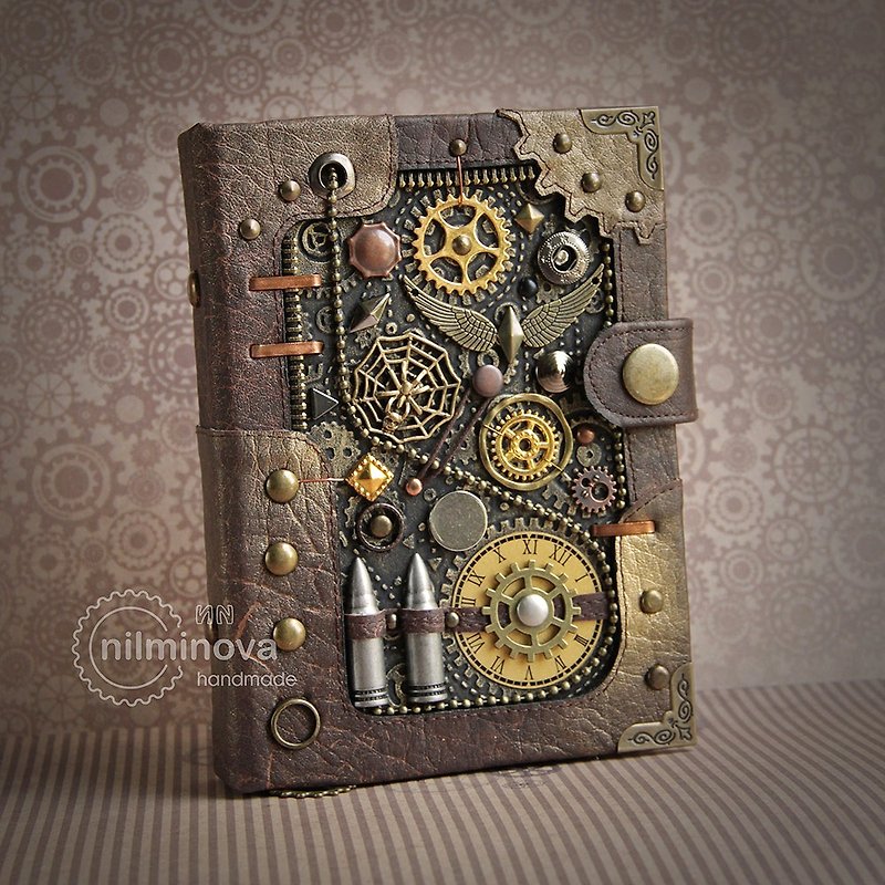 Steampunk journal for him Men notebook A6 'Ammunition' Steampunk Military gift - Notebooks & Journals - Faux Leather Brown