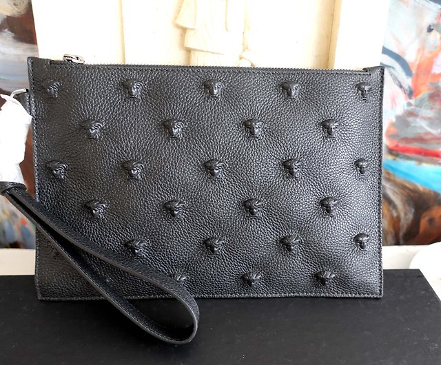 Brand new VERSACE black leather embossed LOGO clutch bag envelope