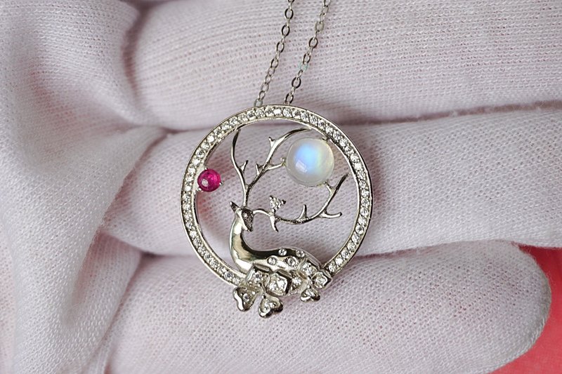 Natural Rainbowmoonstone and Ruby Pendant and Necklace Sterling Silver 925. - 項鍊 - 純銀 白色