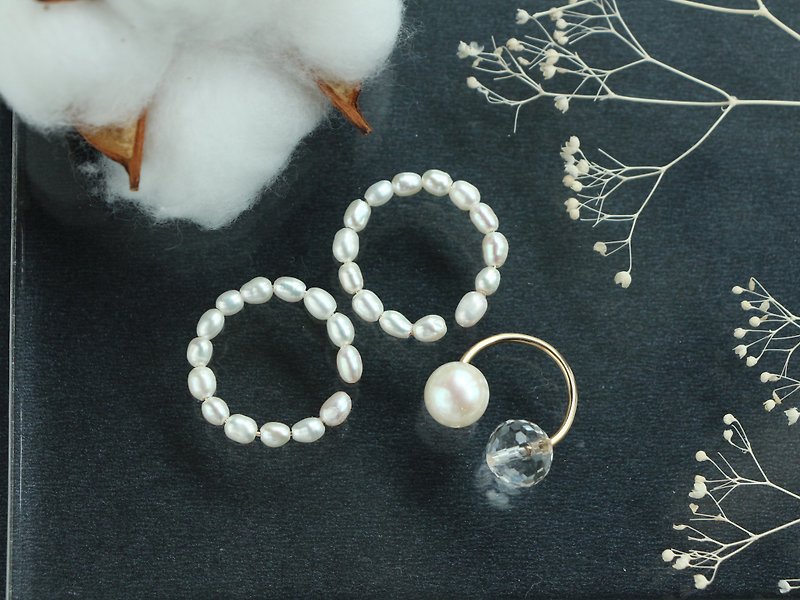 14kgf- rice pearl & crystal ear cuff set - 耳環/耳夾 - 其他金屬 金色