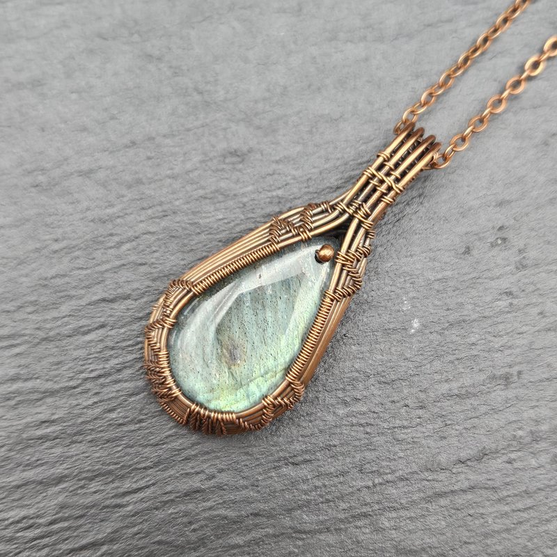 Labradorite Wire Wrapped Pendant , Copper , Oxidized - Necklaces - Copper & Brass Blue