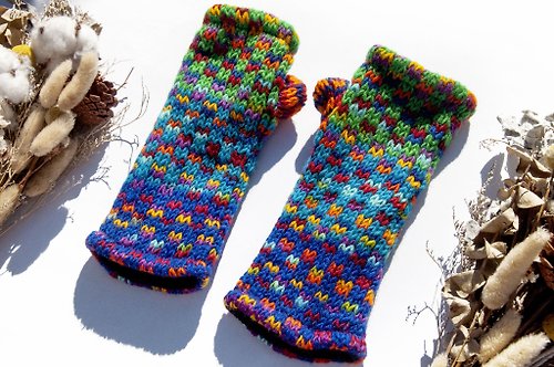 omhandmade 手織純羊毛針織手套/露趾手套/內刷毛手套/保暖手套-北歐彩虹點點