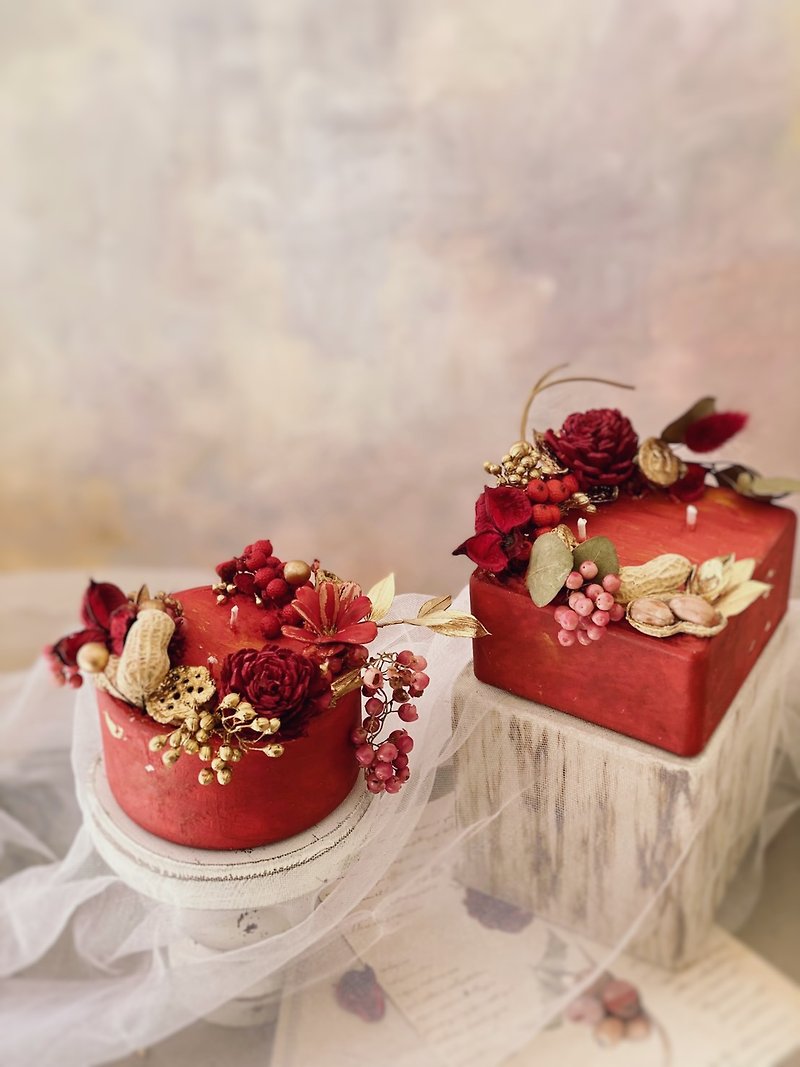 Red, red, gold and gold good luck Chinese New Year dry flower candle | Environmental protection cultural and creative hand-made experience - เทียน/เทียนหอม - ขี้ผึ้ง 