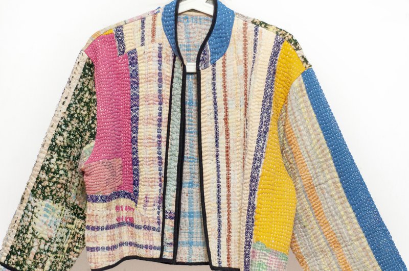 Hand-stitched Saree Fabric Patchwork Cotton Jacket | Indian Cotton Patchwork Cardigan | Saree Thread Embroidery Jacket - Oil Painting - เสื้อแจ็คเก็ต - ผ้าฝ้าย/ผ้าลินิน หลากหลายสี