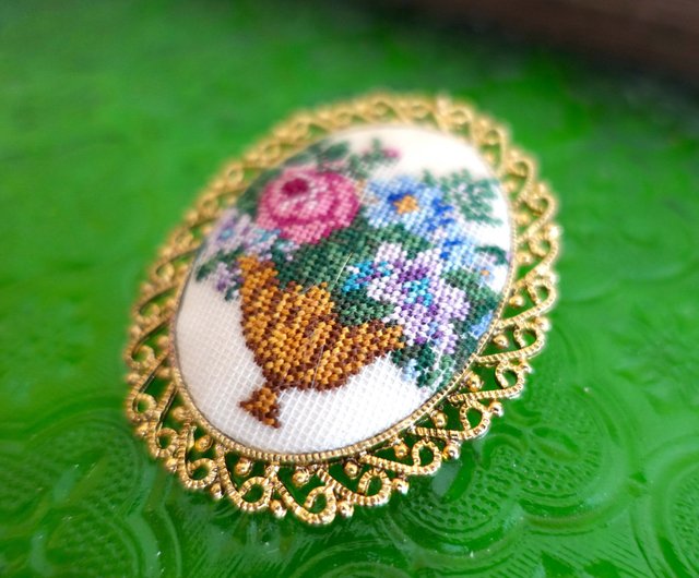 Cross Stitch Necklace Embroidery Necklace Floral Pendant 