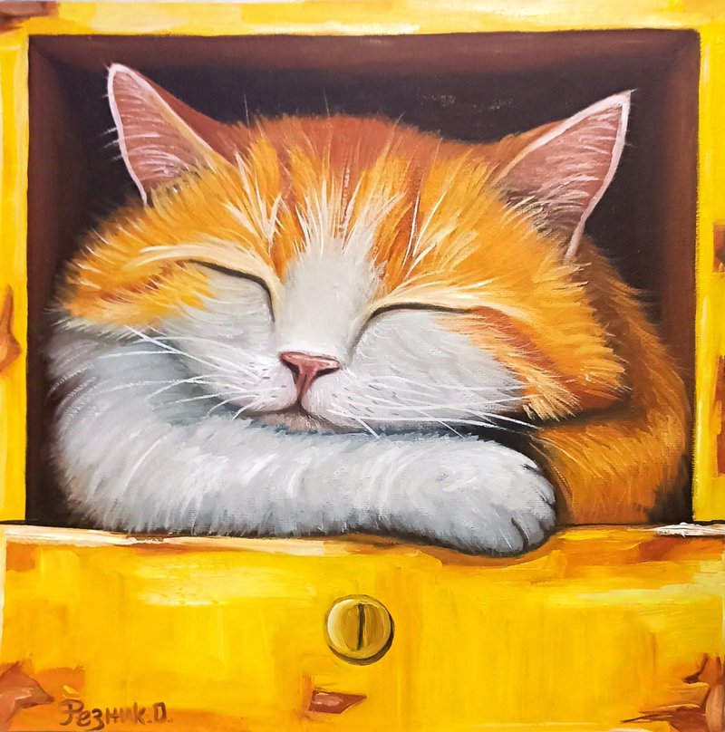 Funny Cat Portrait Original Art, Cute Pet Painting, Kitty Wall Art, Animalistic - ตกแต่งผนัง - วัสดุอื่นๆ สีส้ม