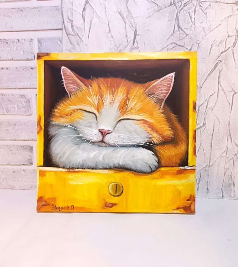 Funny Cat Portrait Original Art, Cute Pet Painting, Kitty Wall Art, Animalistic - Wall Décor - Other Materials Orange