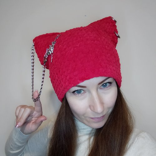 Alternative Crochet Boutique 貓耳毛線帽鉤針編織 帶有貓耳朵的哥特式帽子 帶耳朵的萬聖節帽