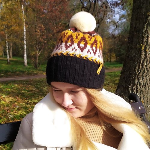 TeploTebe Warm jacquard knitted pompom hat / Unisex hat/ Jacquard wool hat