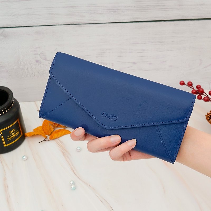 Italian Vegetable Tanned Leather Envelope Bi-Fold Cowhide Long Clip 95116(Sky Blue) - กระเป๋าสตางค์ - หนังแท้ สีน้ำเงิน