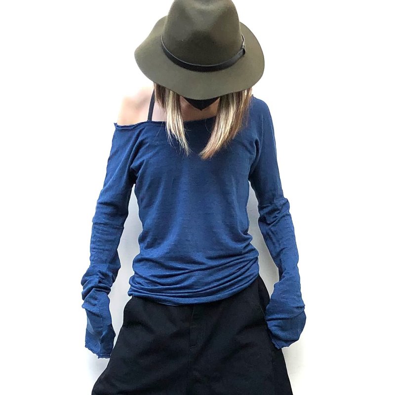 100% linen loose long sleeve T - Women's Tops - Cotton & Hemp Blue