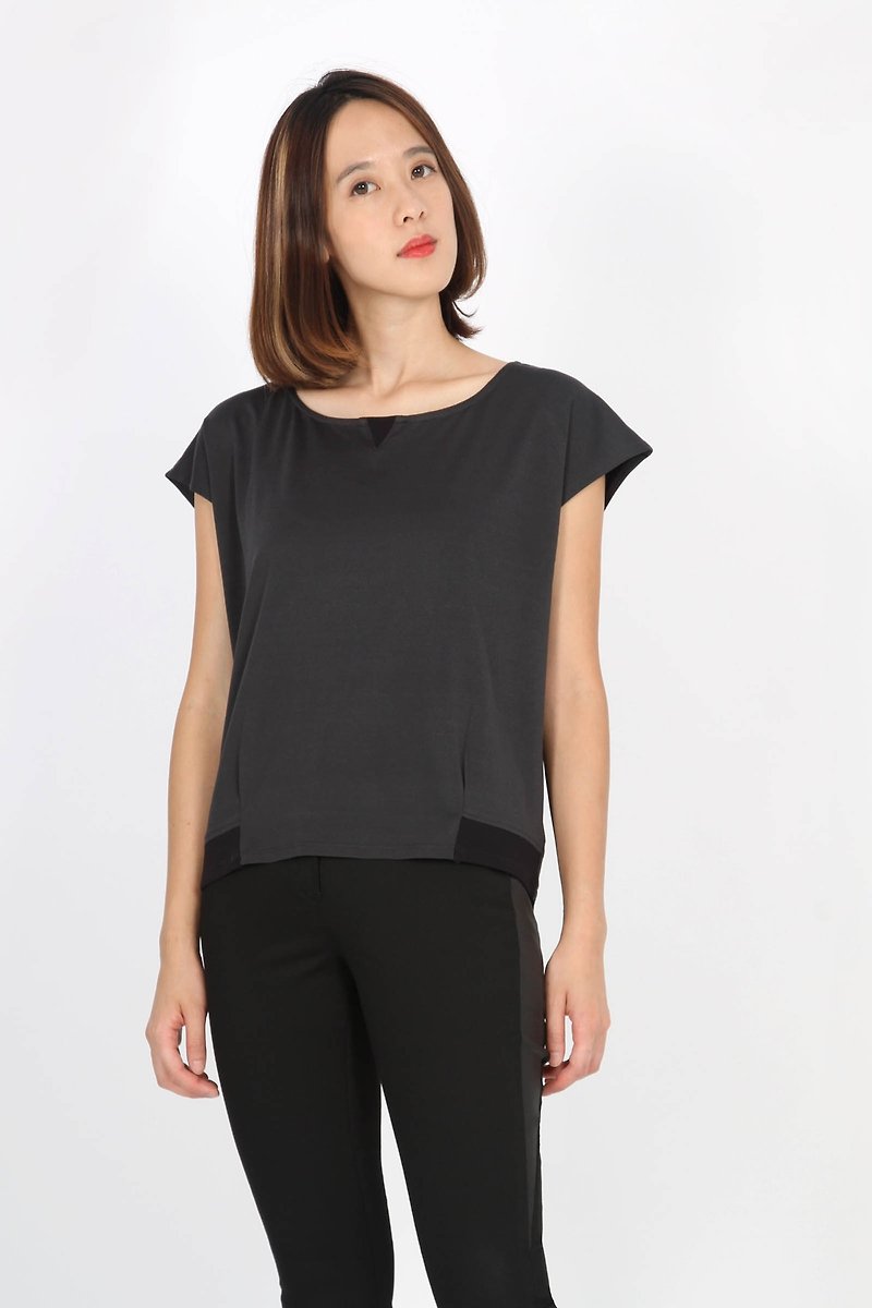 Rib and net drop shoulder suction row shirt-black twist - เสื้อยืดผู้หญิง - เส้นใยสังเคราะห์ สีดำ