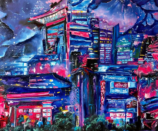 抽象 都市 絵画 ラージ オリジナル アート 都市景観 ウォールアート