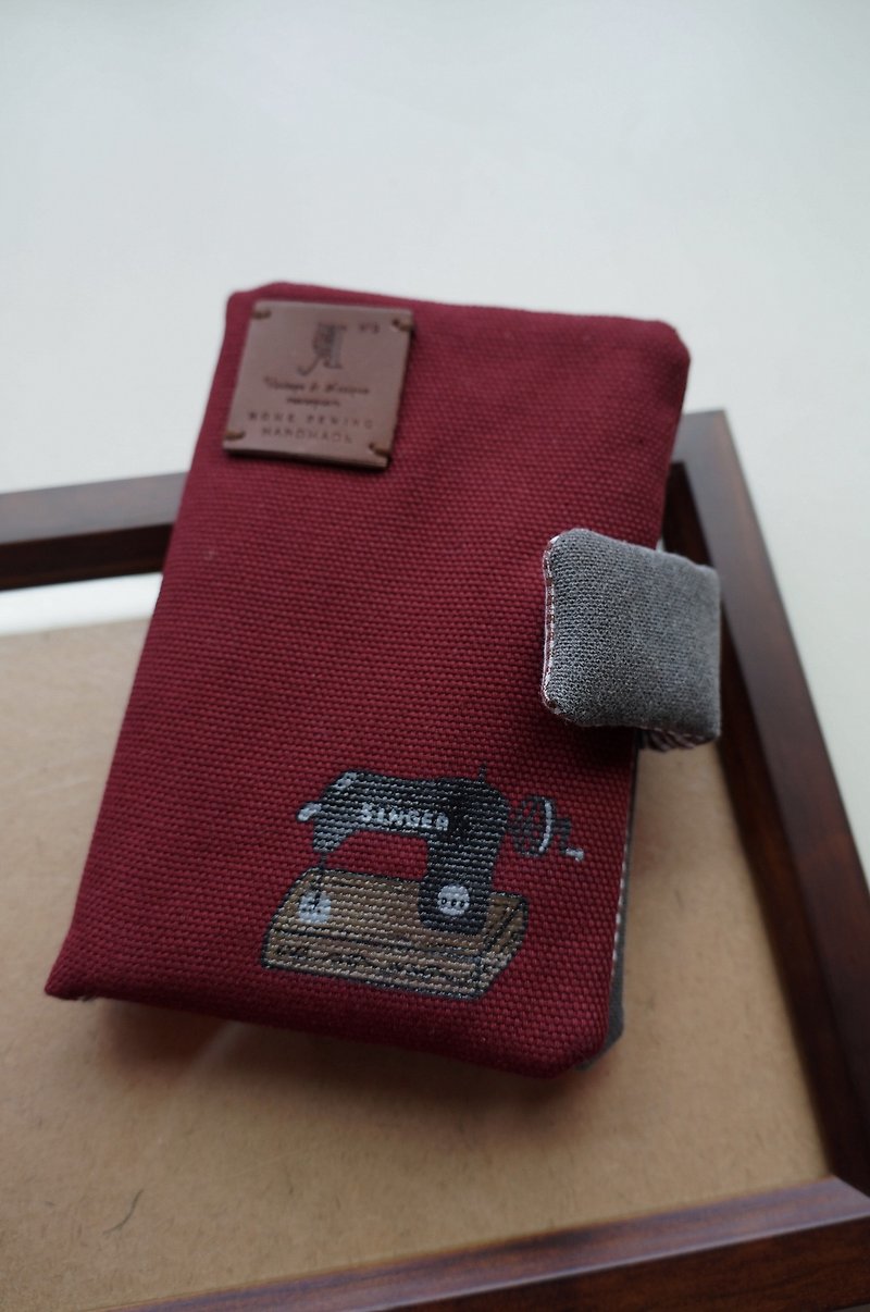 Hand-painted vintage sewing machine passport holder - ที่เก็บพาสปอร์ต - ผ้าฝ้าย/ผ้าลินิน สีแดง