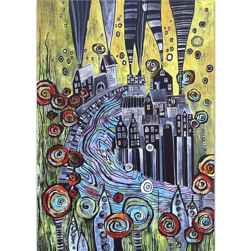 Whimsical painting Cityscape Original art Black paper artwork A3 - Posters - Paper Multicolor