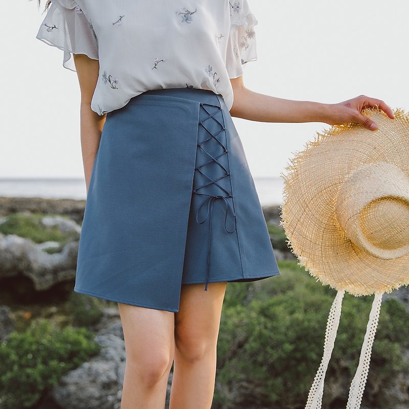 Anne Chen 2018 summer new literary women's front piece decorative ribbon skirt - Skirts - Polyester Blue