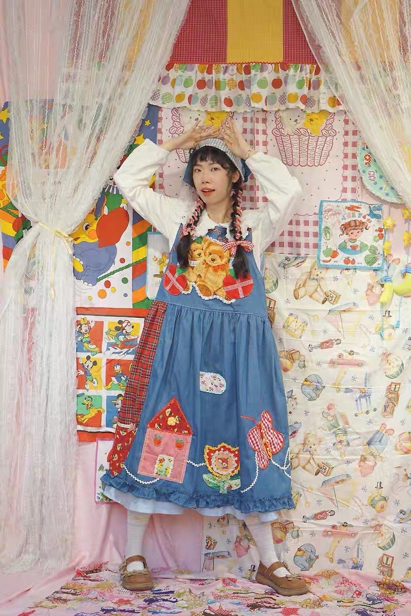 Bear Garden patchwork denim retro dress sundress - One Piece Dresses - Cotton & Hemp Blue