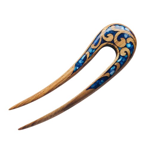 YevheniiaShop Hair clip, hair pin, carved wooden hair fork with blue stones, gift for her
