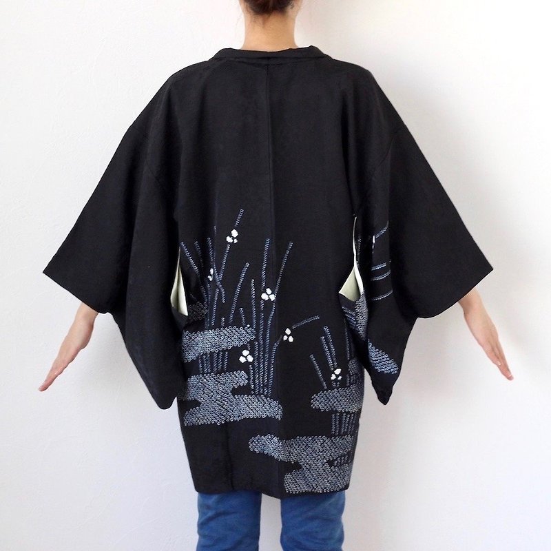black shibori haori, kimono, tie dye kimono, silk kimono, kimono cardigan /3448 - เสื้อแจ็คเก็ต - ผ้าไหม สีดำ