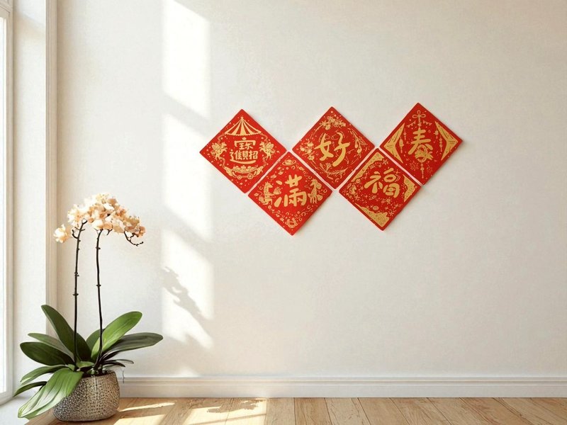 2026 丙午 ‧ 馬年│手工絹印方形春聯5入 萬年紅灑金厚宣卡 - 紅包袋/春聯 - 紙 紅色