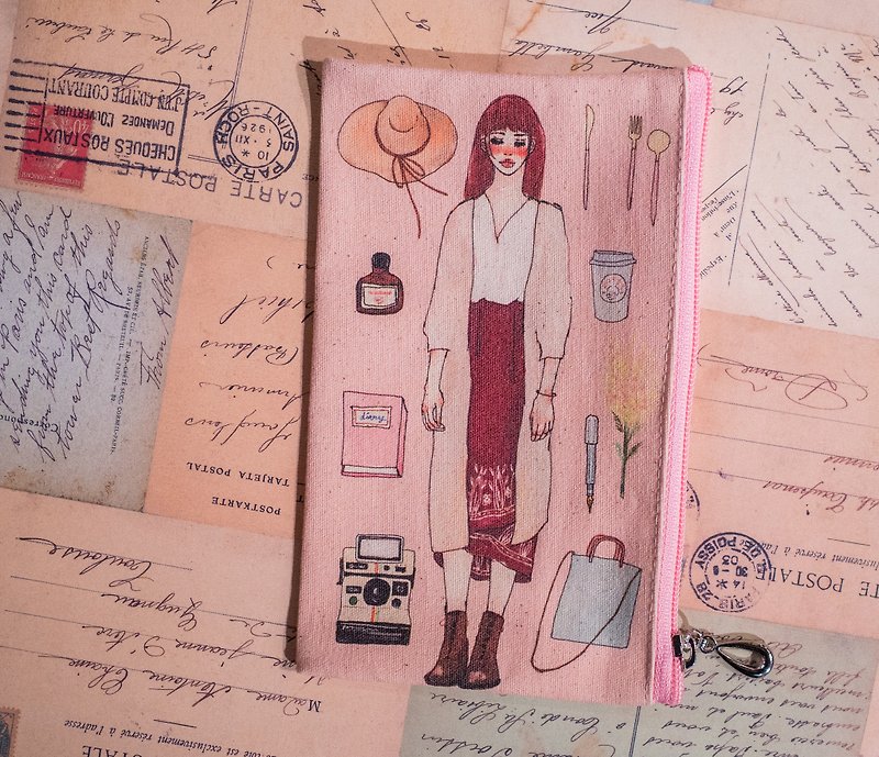 Flower pile girl canvas pencil bag - Pencil Cases - Cotton & Hemp Pink