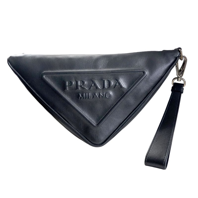 全新 PRADA 黑色小羊皮巨型三角logo拉鍊真皮手拿包附掛帶 奢侈品 - 手拿包 - 其他材質 黑色
