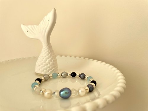 Athena珍珠設計 藍色泡泡 天然淡水珍珠 天然摩根玉髓 彈力 手鏈