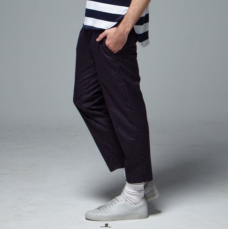 Stone'As Cropped Tapered Trousers In Navy / 窗格 九分褲 藍 格紋 格子 - 男長褲/休閒褲 - 其他材質 藍色