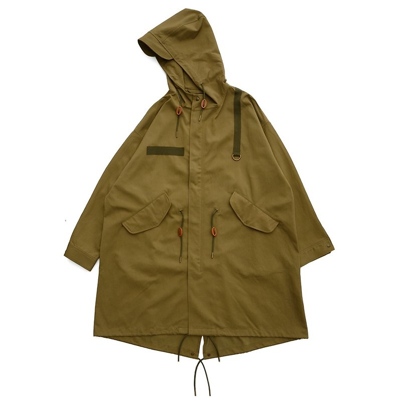 Military Hooded Long Jacket - เสื้อโค้ทผู้ชาย - ผ้าฝ้าย/ผ้าลินิน สีเขียว