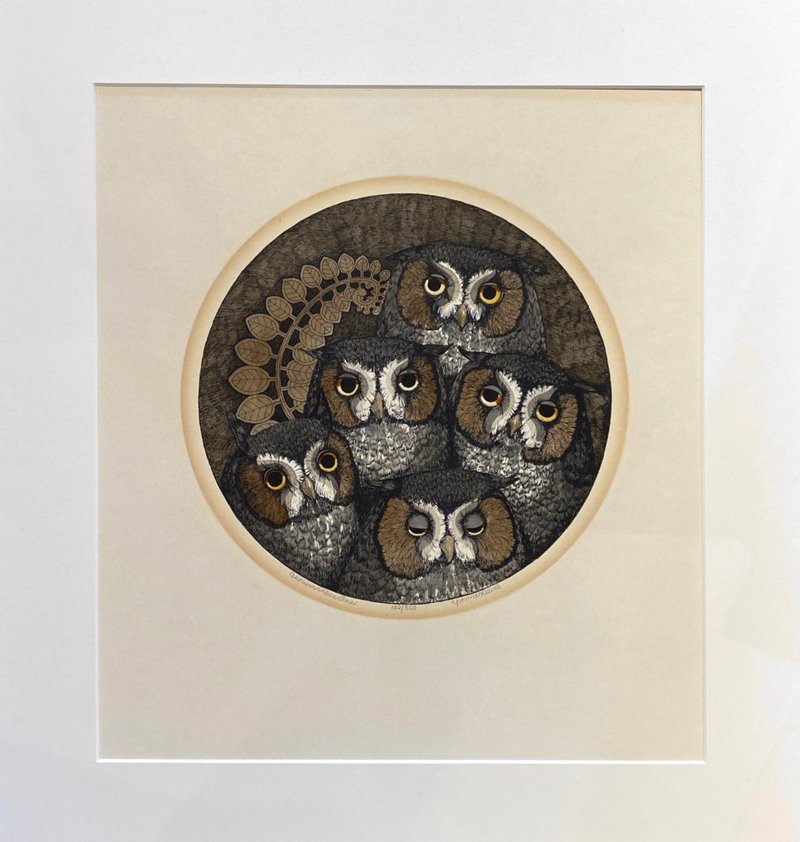 Artist Yvonne Davis - Owls - Etching - Prints - Posters - Paper Brown