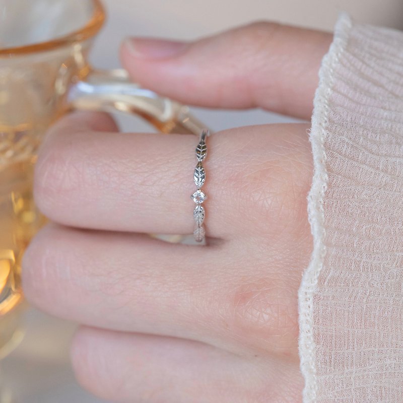 White crystal 925 sterling silver leaf ring adjustable ring - General Rings - Gemstone Silver
